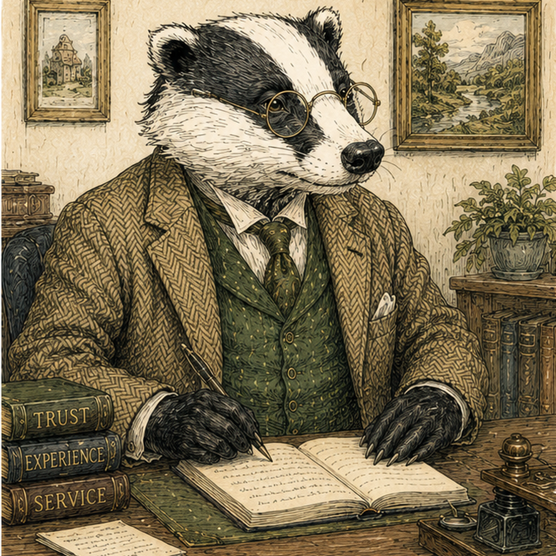 A wise, spectacled badger in a waistcoat — Mr. Badger, your steady broker.