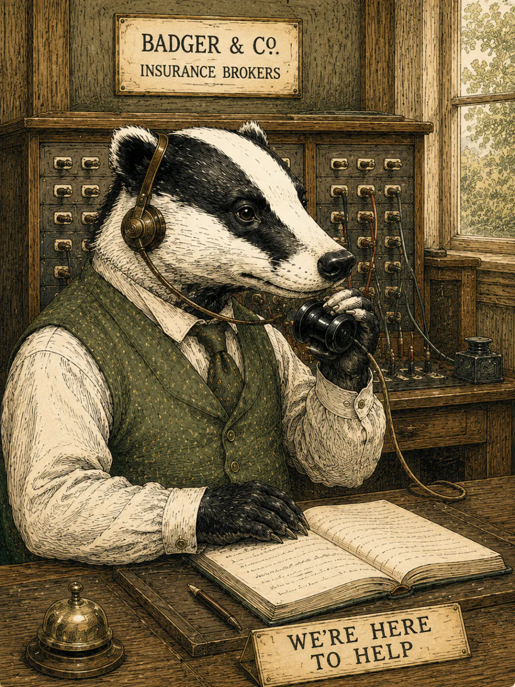 A friendly badger in a green waistcoat wearing a headset, taking your call.
