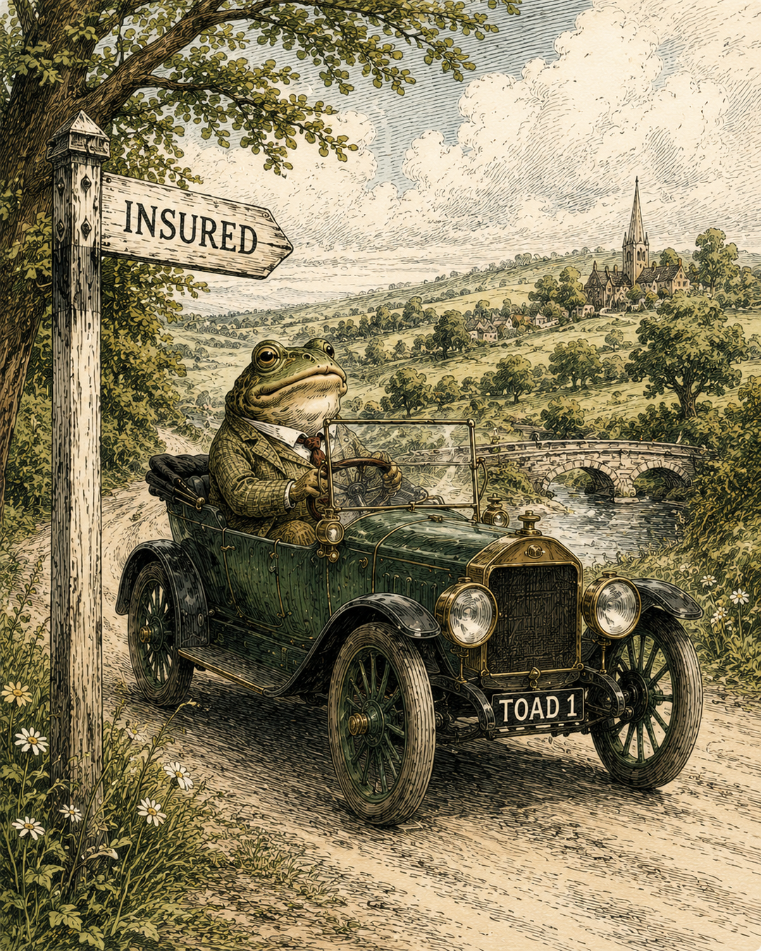 A classic motor-car on a winding country lane past an 'Insured' signpost — the open road, looked after.